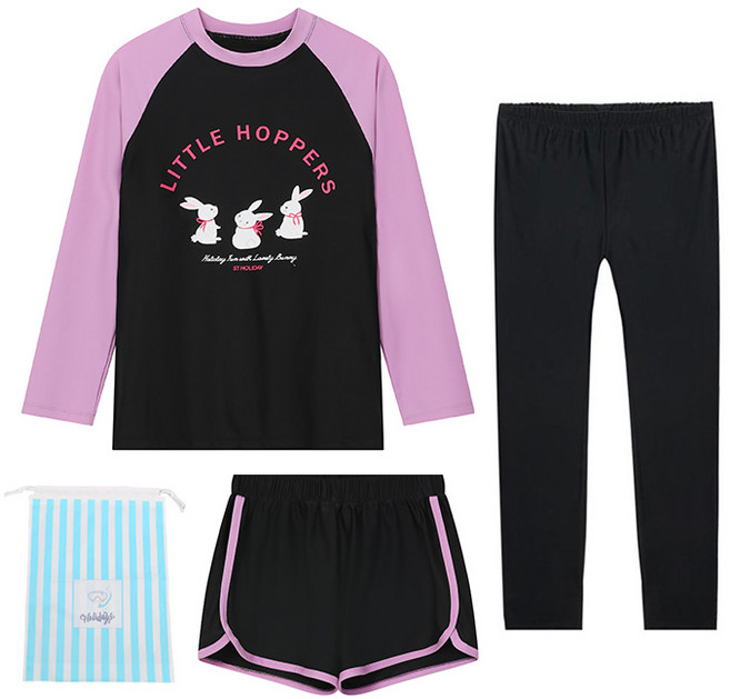 에스티홀리데이 여아용 래쉬가드 상의 + 반바지 + 워터레깅스 세트 C255-07 + 비치백