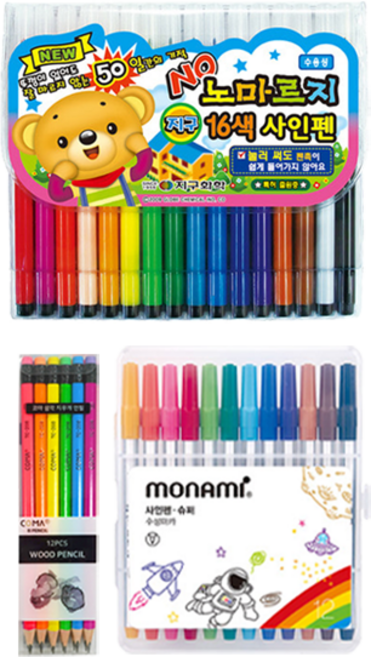 지구화학 노마르지 사인펜 16색 + 투코비 코마 삼각지우개연필 TC-208 B 6종 x 2p + 모나미 슈퍼사인펜 12색 세트, 혼합색상, 1세트