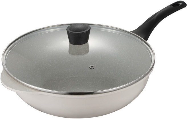 Queen Chef 韓國礦岩鈦合金鑄造不沾鍋炒鍋 炒鍋 + 玻璃蓋 IH爐電磁爐適用, 32cm, 1個