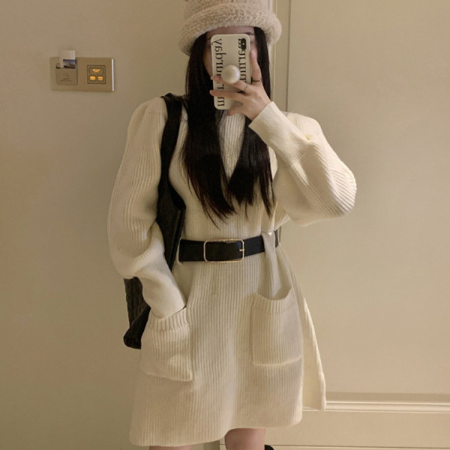 PEONIST 針織口袋長袖連身裙, 白色