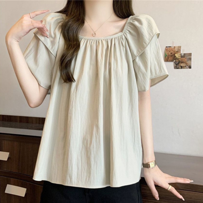 아이캔심플 여성용 루즈핏 프릴넥 소프트로망 반팔 블라우스