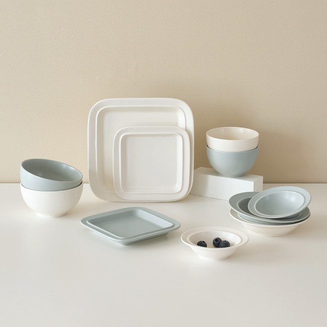 르난세 몽드 2인 식기 11종 세트, 파우더블루 + 크림화이트, 공기 2p + 대접 2p + 찬기 S 2p + 찬기 L 2p + 정사각접시 S 2p + 정사각접시 L, 1세트