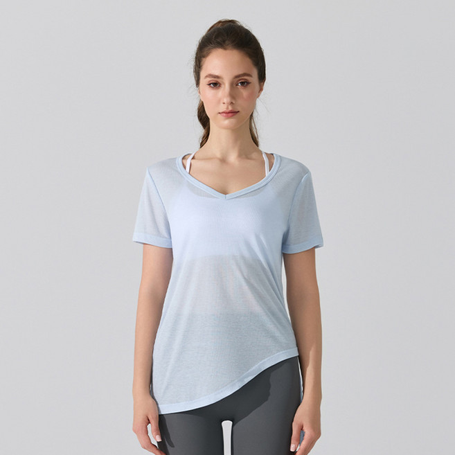 씨오브비 여성용 브이넥 셔링 사선 밑단 반팔 티셔츠