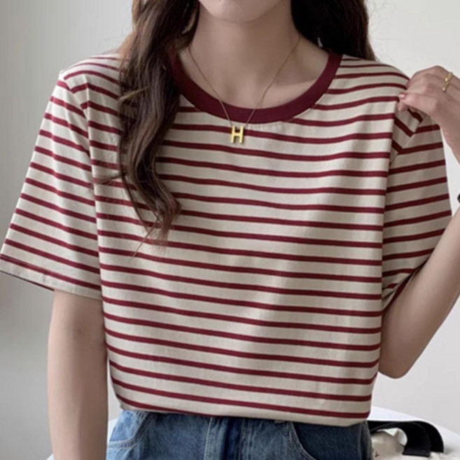 여성용 아이캔심플 배색 라운드넥 잔스트라이프 반팔 티셔츠