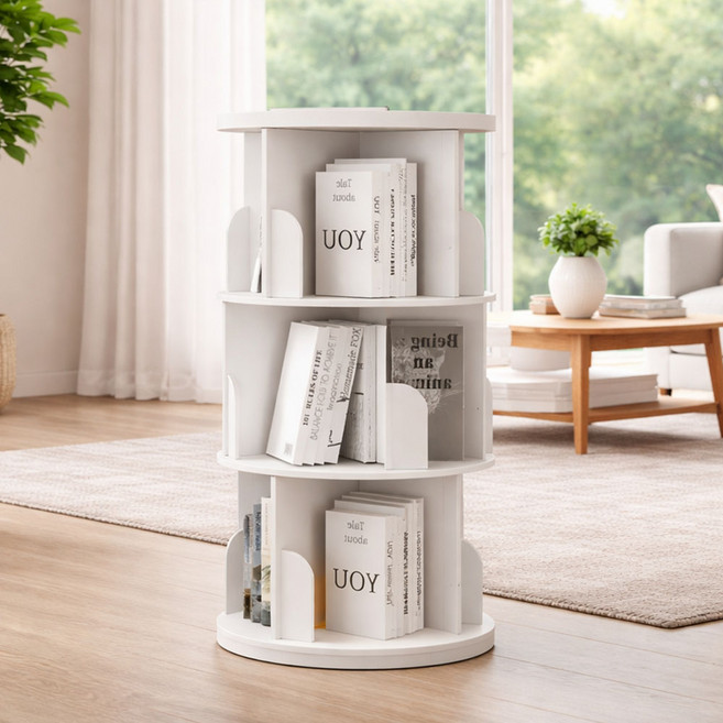 가구느낌 팀회전 원형 수납 360도 책장 400, 화이트, 4단