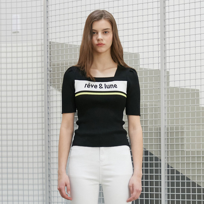 에고이스트 여성용 레터링 자카드 스퀘어넥 반팔 풀오버 ER2BO405