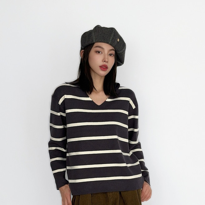 더시럽 여성용 V넥 폴로 스트라이프 롱 니트