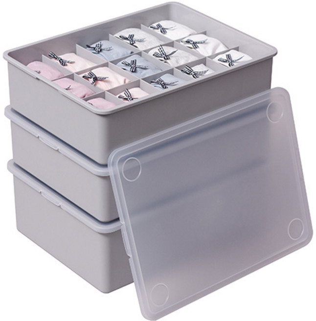 이즈리빙 칸칸칸 속옷 정리함 세트 1칸 + 10칸 + 15칸, 그레이 + 반투명뚜껑, 1세트