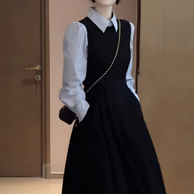 The Syrup 女性辦公室穿搭端莊襯衫長版洋裝 B, 黑色