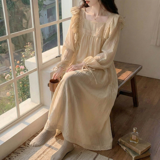 투이스타 여성용 로맨틱 스퀘어넥 레이스 프릴 긴팔 홈웨어