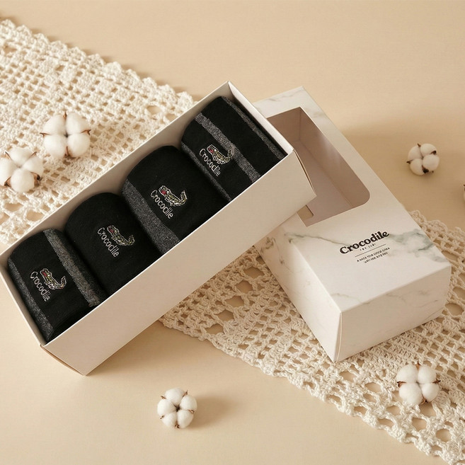 Crocodile 鱷魚 男士商務刺繡長襪4雙禮盒組 CD355