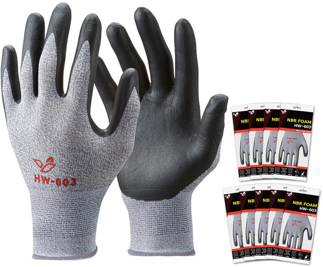 HANWOO HW-603 NBR塗層安全手套, 灰色 + 黑色, 10雙