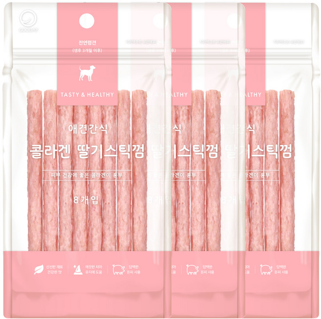 굿데이 강아지 콜라겐 스틱껌 8p, 딸기맛, 40g, 3개