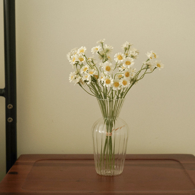 플라우스302 조화 데이지 들꽃 + 유리 화병 세트, 화이트, 1개