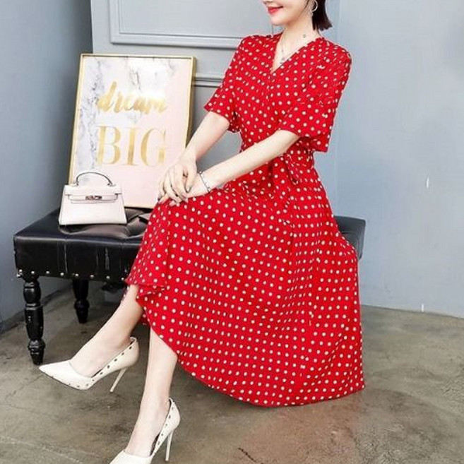 TheSirup 女款五分袖圓點裹身連身裙, 紅色