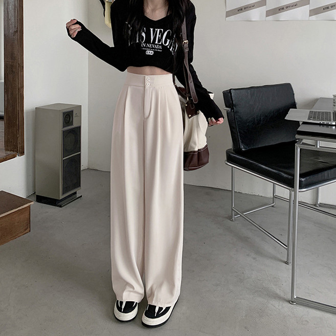 더시럽 여성용 하이웨스트 투버튼 와이드 슬랙스