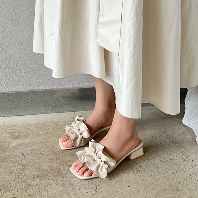 벨레페 여성용 주드 스퀘어 진주장식 셔링 뮬