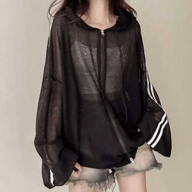 더시럽 여성용 시스루 얇은 사이드라인 투웨이 후드 집업