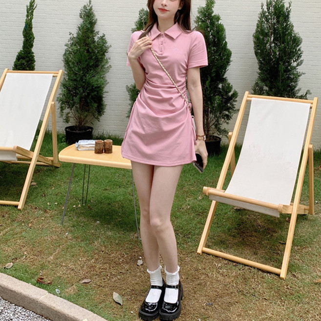 안다로미 옆스트링 폴로 칼라 반팔 미니 원피스