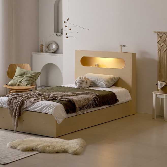 웰퍼니쳐 모화 LED 3단 수납형 침대프레임 단품 방문설치, 우드