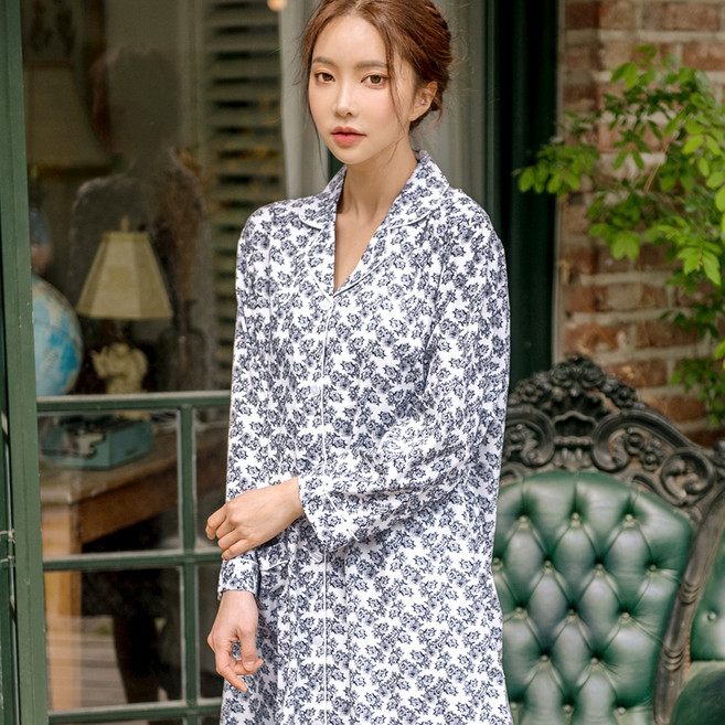 테라우드 여성용 플라워 실키 셔츠형 프릴 원피스 잠옷