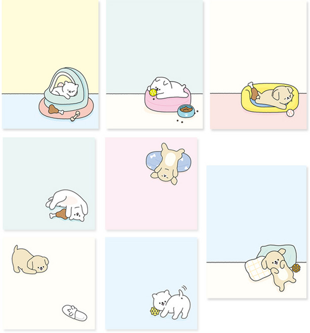 크리스탈팬시 댕댕이 떡메모지 정사각 4종 + 직사각 4종 세트, 치킨, 베개, 슬리퍼, 공놀이(정사각), 옐로우, 민트, 베이지, 스카이(직사각), 1세트