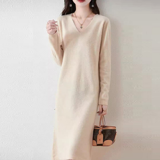 Paperments 摩登V領寬鬆長針織連身裙 11888, 淺褐色
