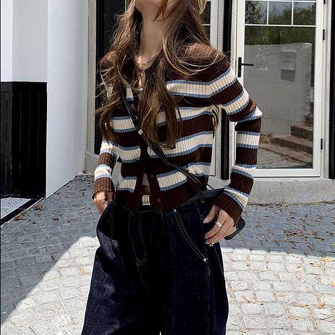 레몬소울 여성용 디에라 스트라이프 골지 가디건