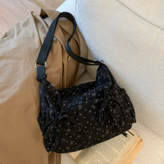 PEONIST 女性可愛雙蝴蝶結斜揹包, 黑色