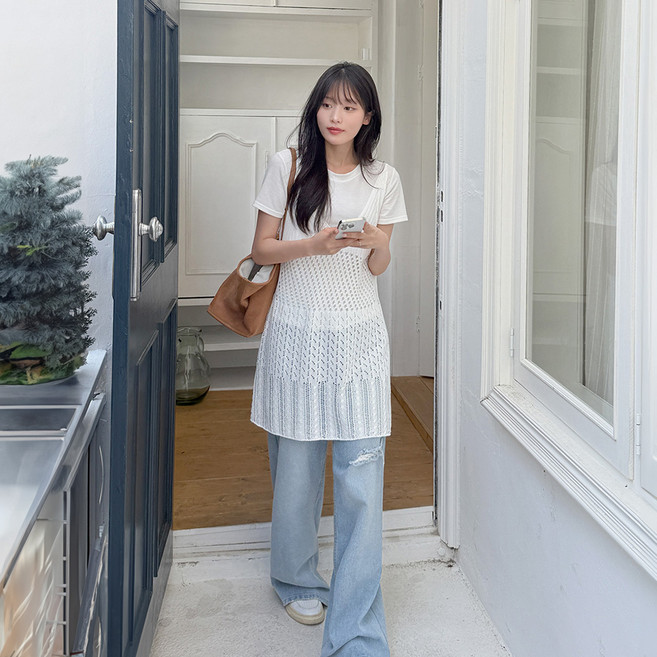 EVELLET Edime 鏤空層次針織連身裙, 象牙白