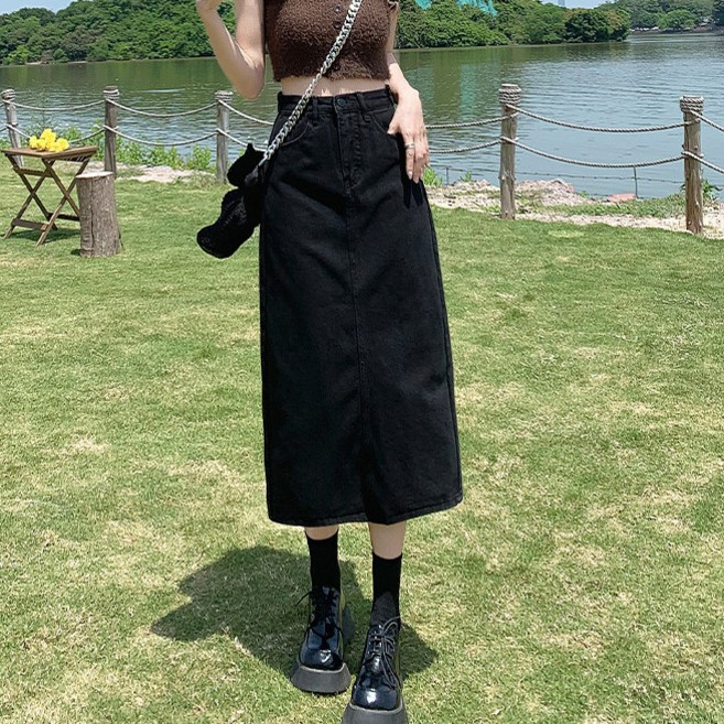 더플로우커머스 여성용 슬로우 커브 A라인 백슬릿 데님 롱 스커트