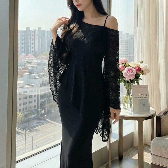 글램디브 모렐론 나시 롱원피스 + 시스루 숄 세트 AG1183