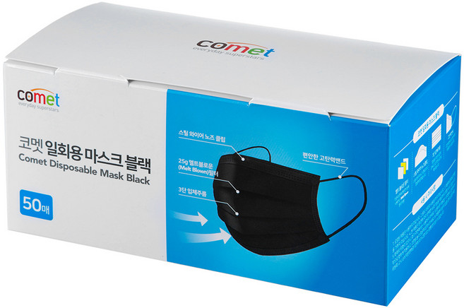 comet 平面口罩 成人用, 黑色, 50片, 1盒