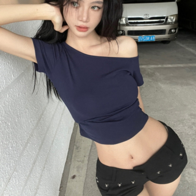 피어니스트 여성용 언발 오프숄더 반팔 크롭 티셔츠