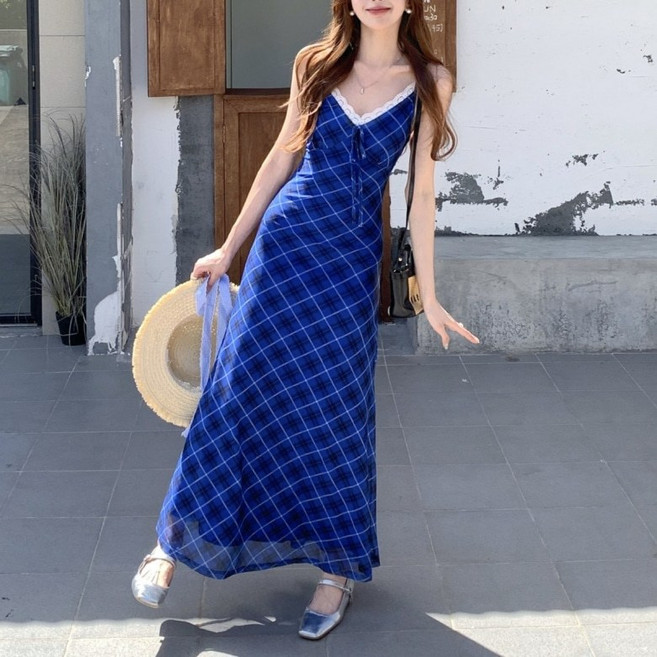 아이엠몽 여성용 슬림핏 브이넥 체크 패턴 레이스 배색 슬리브리스 롱 원피스 R6H166
