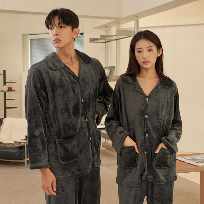 도씨 커플용 솔리드 극세사 밍크 잠옷 2세트