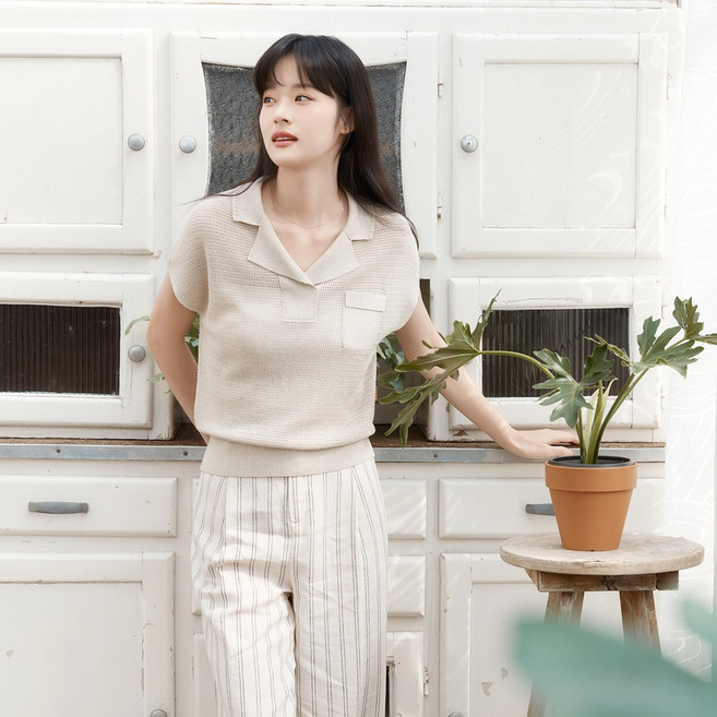 恩尼圖德 女款亞麻翻領針織衫