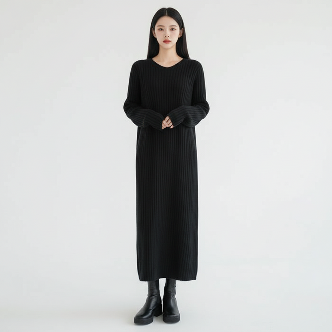 marketpia 女款寬鬆圓領羅紋長版連身裙, 黑色