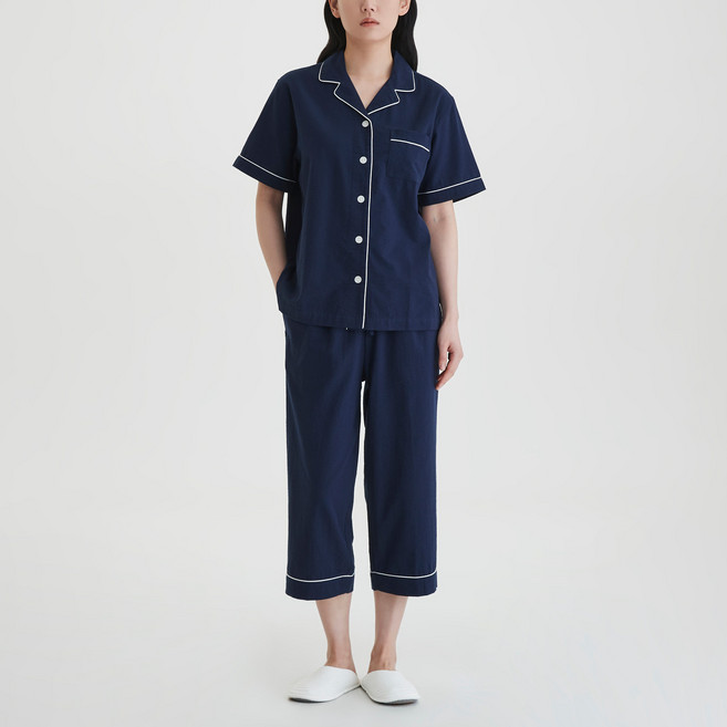 JAJU 여성용 코튼 시어서커 7부 파자마 상의 하의