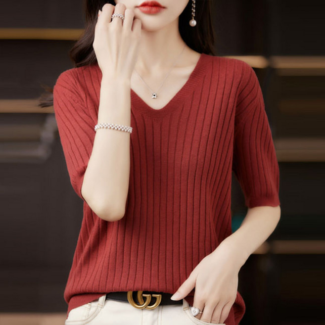 선빛 여성용 레티브 브이넥 골지 반팔 니트