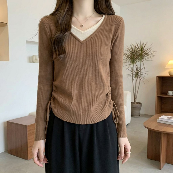 언헤브 여성용 레어이드 셔링 브이넥 티셔츠