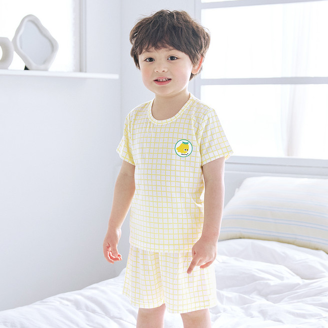 Maykids 無螢光格紋黃色五分莫代爾家居服上下套裝