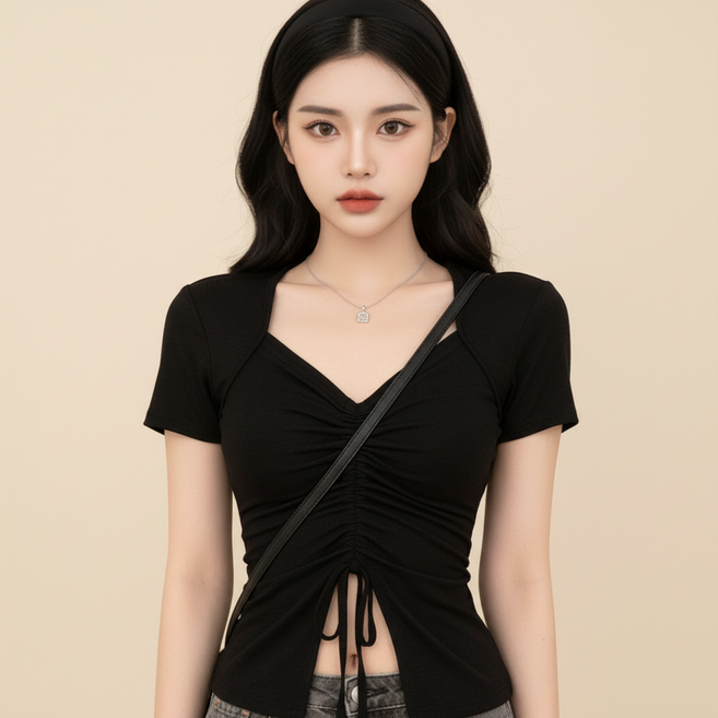 마켓피아 여성용 셔링 스트링 반팔 티셔츠