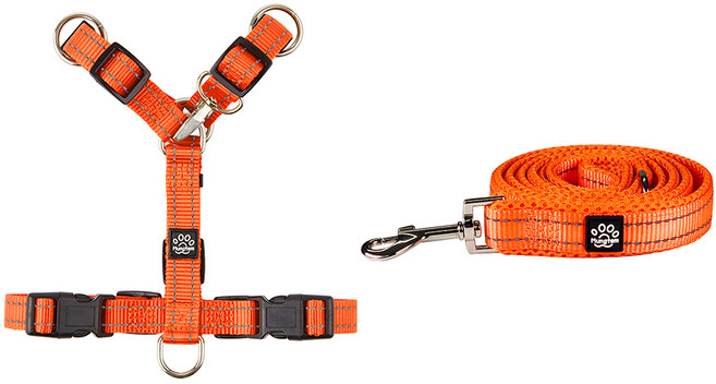 멍템 강아지 H형 하네스 + 메쉬 리드줄 세트, 오렌지, 1개