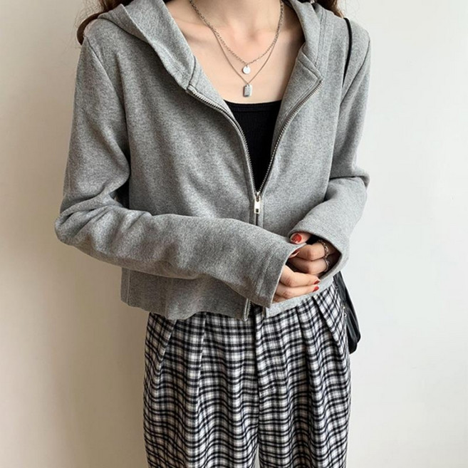 디멜디 여성용 일자핏 긴팔 후드 가디건 양방향 지퍼 숏 점퍼 자켓