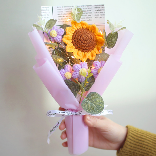 스투피드 해바라기 니트 뜨개질 꽃다발 + 쇼핑백, 퍼플, 1개