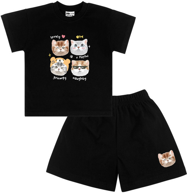 키즈크루 아동용 20수 큐트앤댄디캣 반팔 티셔츠 + 반바지 세트