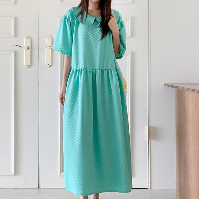 티탁 여성용 빅사이즈 데일리 루즈핏 둥근 카라 스판 엠보 셔링 반팔 롱원피스 TTCF50