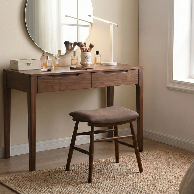 ICONIC HOUSE 簡約原木圓形布面椅凳, 棕色, 1個