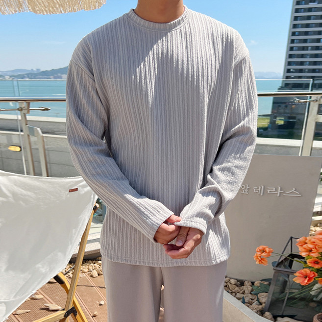 머시따 남성용 오버핏 플리츠 패턴 골지 라운드 니트 긴팔 티셔츠